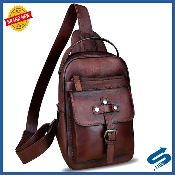 Genuine Leather Crossbody Sling Bag for Men Hiking Daypack 7.1x2.8x10.6in